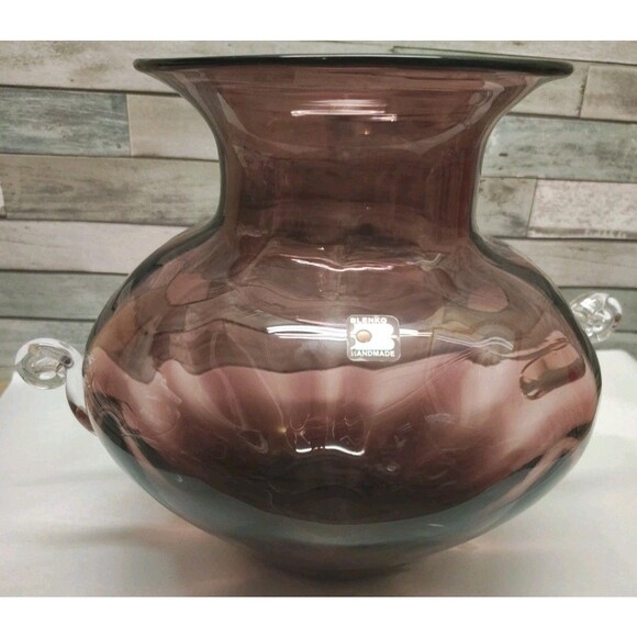 Vintage Blenko Glass 9726 Squatty Optic Vase Scroll Handles Amethyst Label  READ - Picture 1 of 14